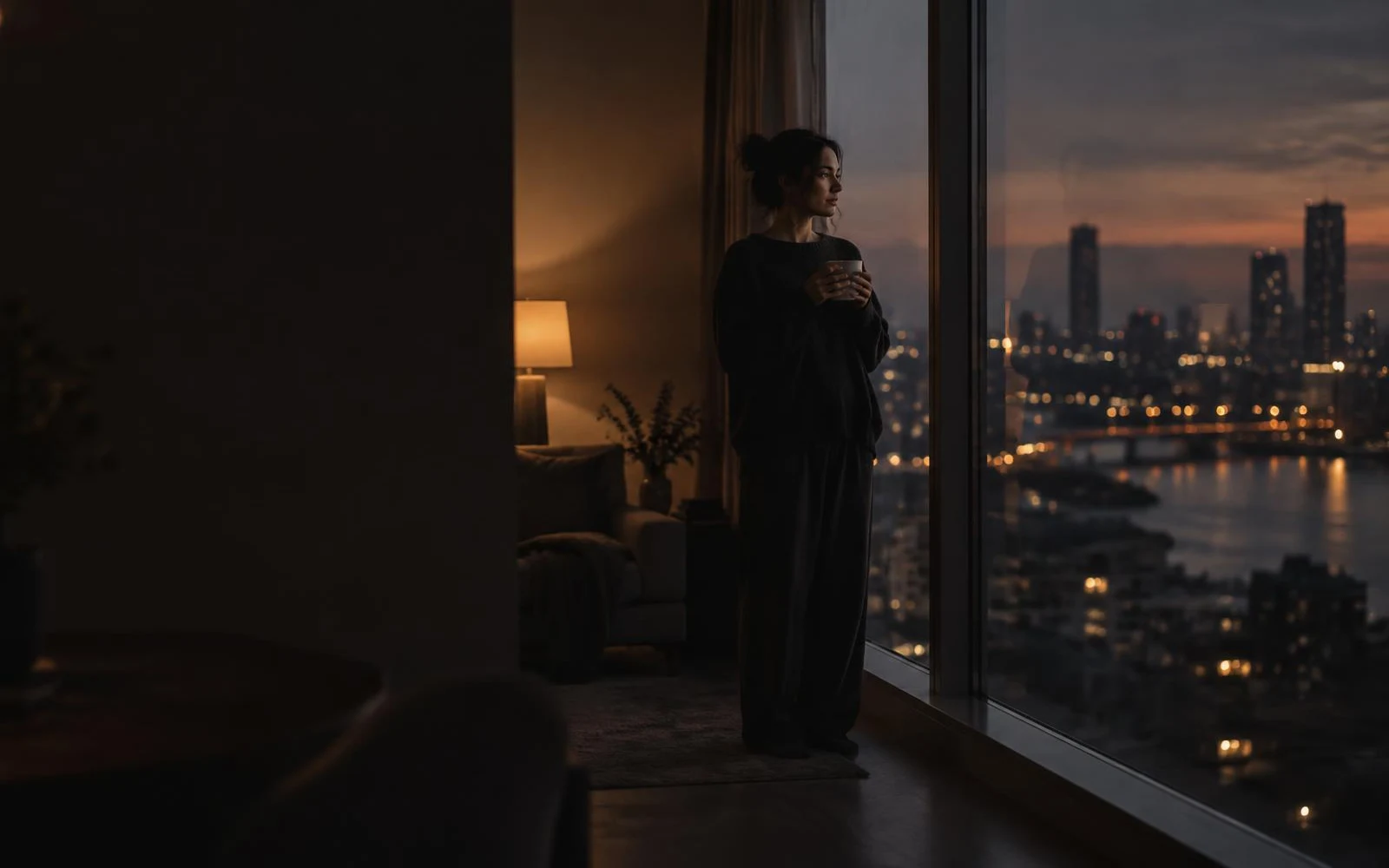 Eine Frau steht abends mit einer Tasse am großen Fenster und blickt nachdenklich in die Abendstimmung